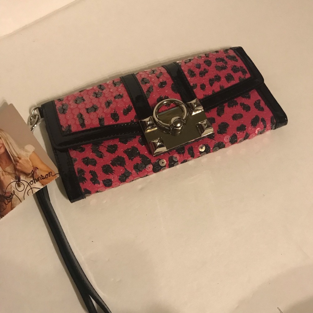 Betsey Johnson Pink leopard black sequin wallet clutch cocktail club vintage nwt - Picture 4 of 4